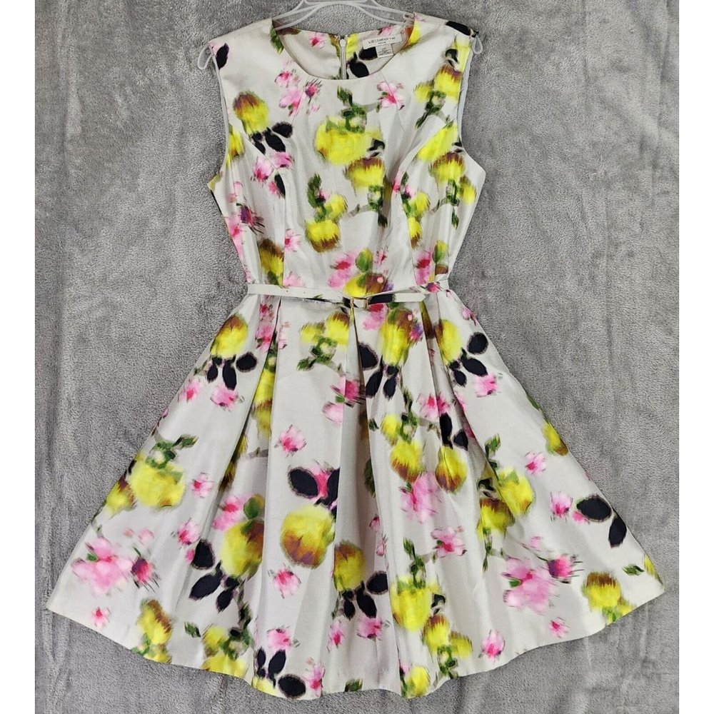 Liz Claiborne Dress Womens 14P Yellow Pink Floral Metallic Belted Pleated Mini